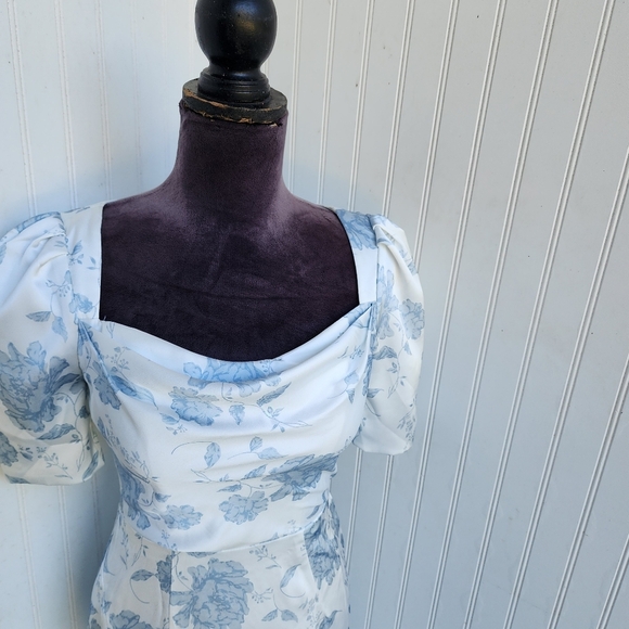 NWOT AW BRIDAL Dusty Blue White Peonies Satin Floral Mermaid Puff Sleeve Sz 0 - Picture 5 of 16